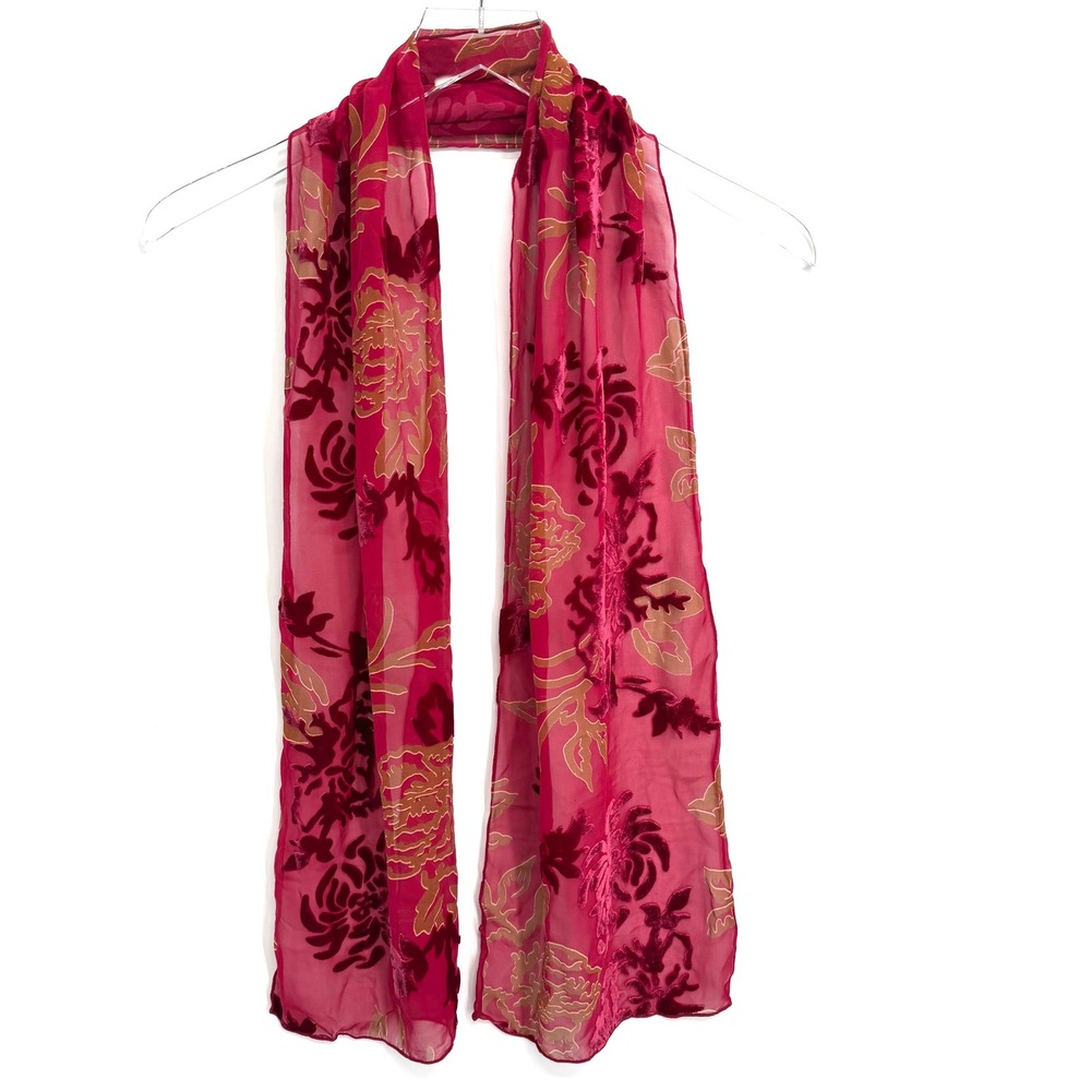 Velvet Burnout Floral Scarf Sheer Pink Burgundy Devore Rose Romantic Whimsigoth